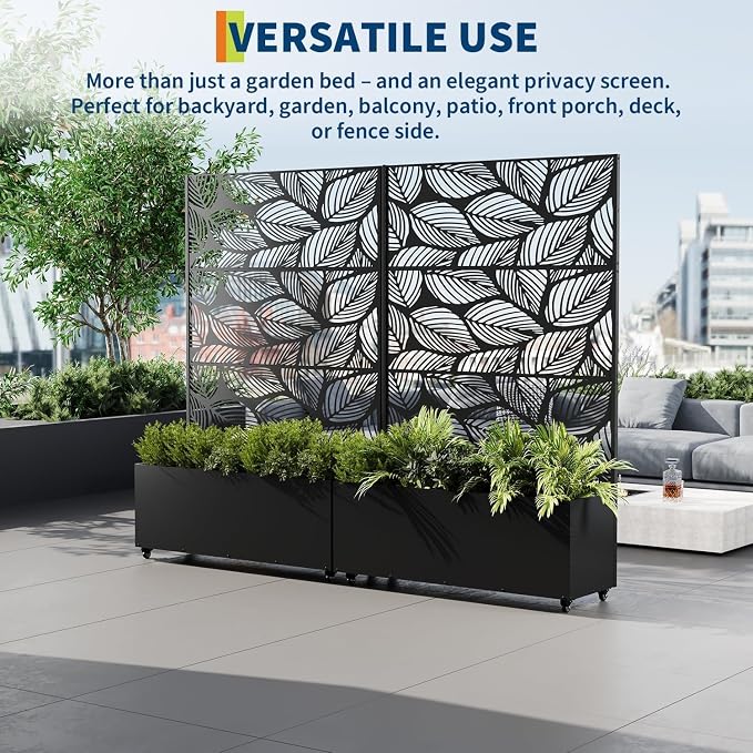 GarveeLife Metal Planter Box with Trellis and Wheels, 71"x47"x16" Raised Garden Bed for Climbing Plants, Vegetables, Vines, Privacy Planters for Patio with Drainage Holes, 15.7" Deep Planting Bed