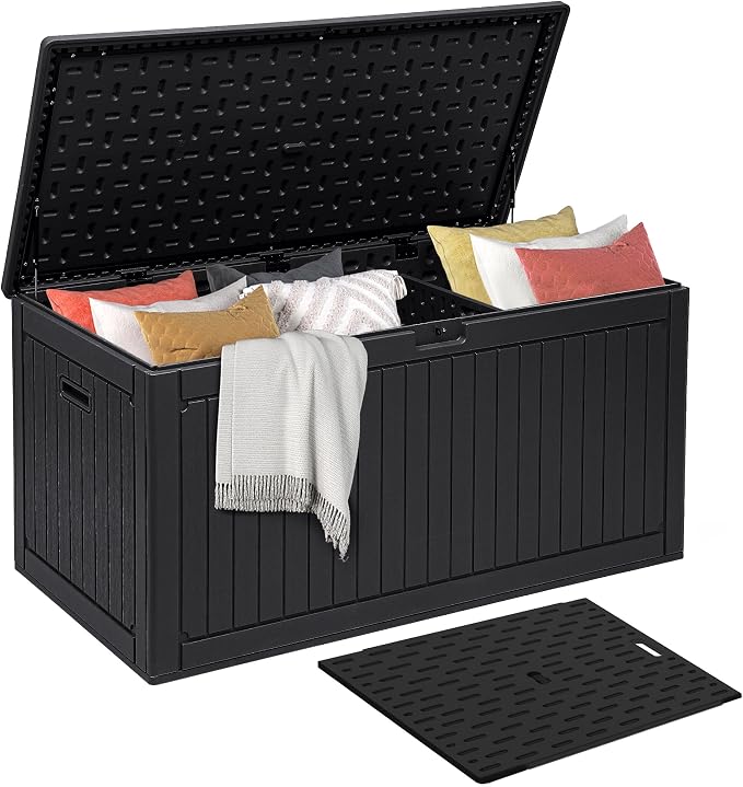 DWVO 320 Gallon Double-Wall Deck Box with Divider, XXL Extra Large Resin Outdoor Storage Box, Lockable & Waterproof, Double as Seating, 1000lbs Capacity (Black)
