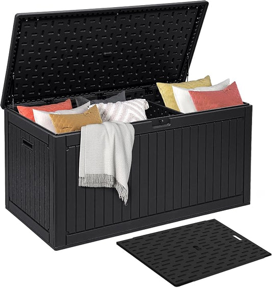 DWVO 320 Gallon Double-Wall Deck Box with Divider, XXL Extra Large Resin Outdoor Storage Box, Lockable & Waterproof, Double as Seating, 1000lbs Capacity (Black)