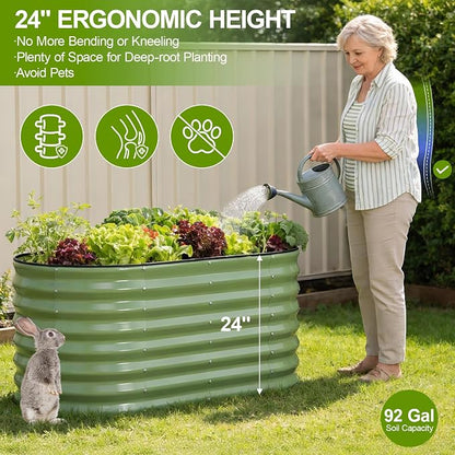 24" Tall Galvanized Raised Garden Bed Outdoor, 4x2x2ft Deep Metal Planter Box with Safety Edging & Support Bars, Large Oval Raised Beds for Gardening Plants Vegetables Herbs Flowers (Olive Green)