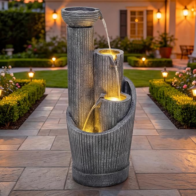AUTODAYA 31" 5-Tier Twist Pedestal Outdoor Fountain LED Cascading Waterfall | geometric twist Pedestal Bowl design, fluted texture, patio garden, Backyard, Deck, or Porch