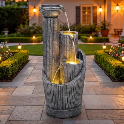 AUTODAYA 31" 5-Tier Twist Pedestal Outdoor Fountain LED Cascading Waterfall | geometric twist Pedestal Bowl design, fluted texture, patio garden, Backyard, Deck, or Porch