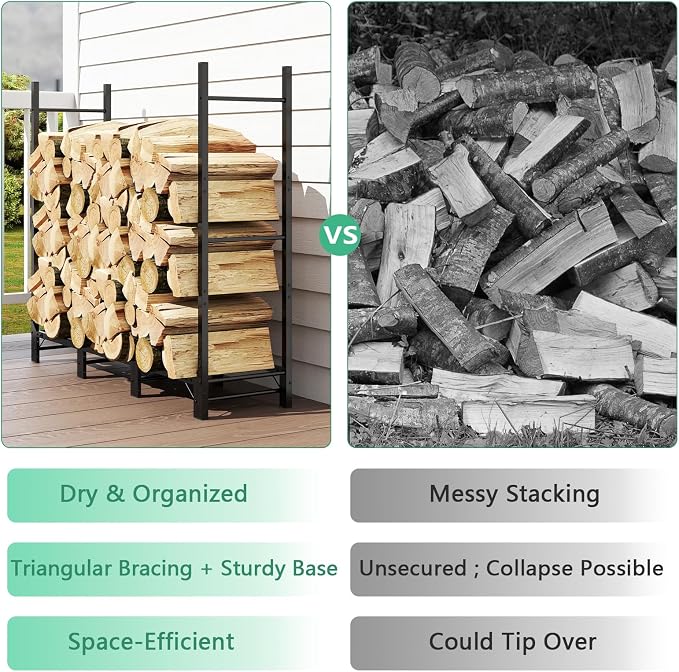 Helios&Hestia 4Ft Outdoor Firewood Rack for Fireplace, Heavy Duty Steel Log Holder, Indoor Wood Pile Storage Organizer, Adjustable Stacker Stand, Black