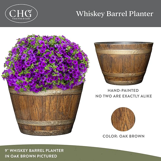 Whiskey Barrel Planters, Wooden Finish Flower Planter Pot, Decorative Garden Pots, Indoor Outdoor Resin Planters, Weather-Resistant Plant Pot (15” Oak Brown, 1-Pack) | Stylish Resin Flower Plant Pots, Indoor & Outdoor Planter, Weather-Resistant, Great ...