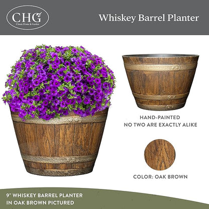 Whiskey Barrel Planters, Wooden Finish Flower Planter Pot, Decorative Garden Pots, Indoor Outdoor Resin Planters, Weather-Resistant Plant Pot (15” Oak Brown, 1-Pack) | Stylish Resin Flower Plant Pots, Indoor & Outdoor Planter, Weather-Resistant, Great ...