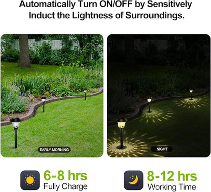 Glass Solar Lights Outdoor waterproof, 8 Pack Super Bright Solar Pathway Lights, Up to 12 Hrs Long Last Auto On/Off Garden Lights Solar Powered, Stainless Steel LED Light For Yard Landscape Warm White