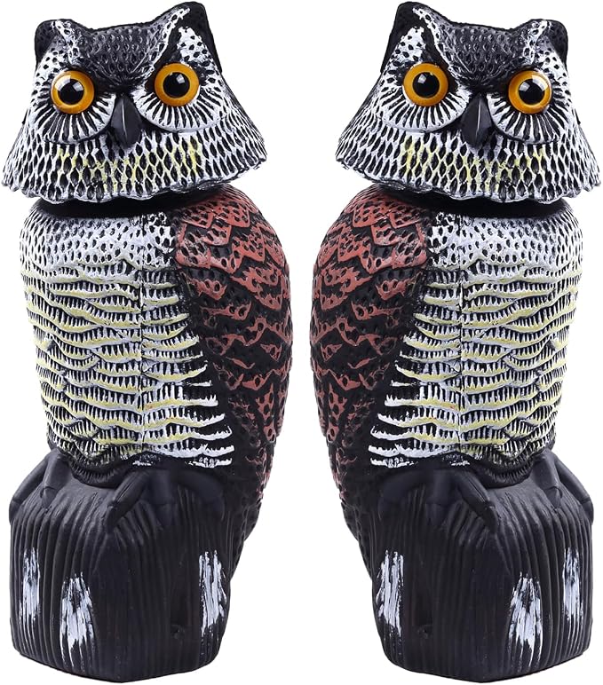 Hedoc 2 Pack Fake Owl Decoys to Scare Birds Away(15 inch), Rotating Head Sculptures, Nature Enemy Scarecrow Plastic Statues, Pest Repellent,Pigeon Deterrent Outdoor Yard, Garden Protectors