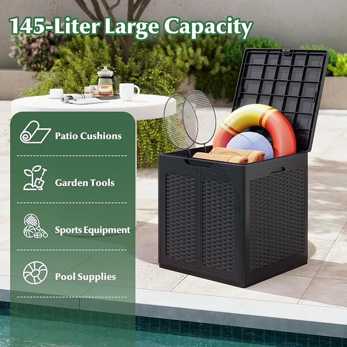 Tangkula 39 Gallon Outdoor Storage Box, Waterproof PP Resin Patio Storage Box with Lockable Lid for Indoor & Outdoor Use, Rattan Design Deck Box for Cushions, Garden Tools