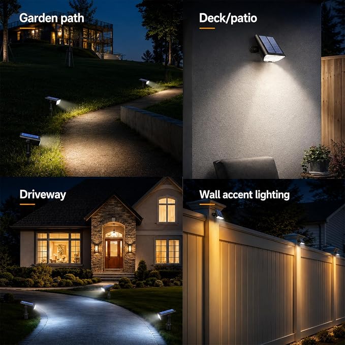 RUIKORING Solar Spot Lights Outdoor Waterproof, 73 LED Landscape Spotlight with 3 Lighting Modes, Dusk to Dawn Auto On/Off, 2-in-1 Wall & Ground Mount for Yard, Garden & Pathway, Cool White, 4 Pack