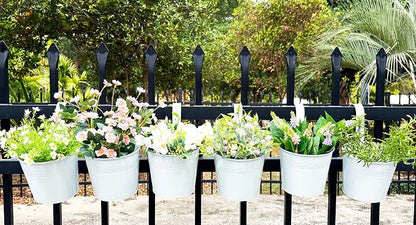 6 Pack Hanging Flower Pots, 6" White Metal Balcony Planters for Herb Succulent, Samll Railing Fence Hanging Bucket for Outdoor/Indoor Decoration (White, Pack of 6)