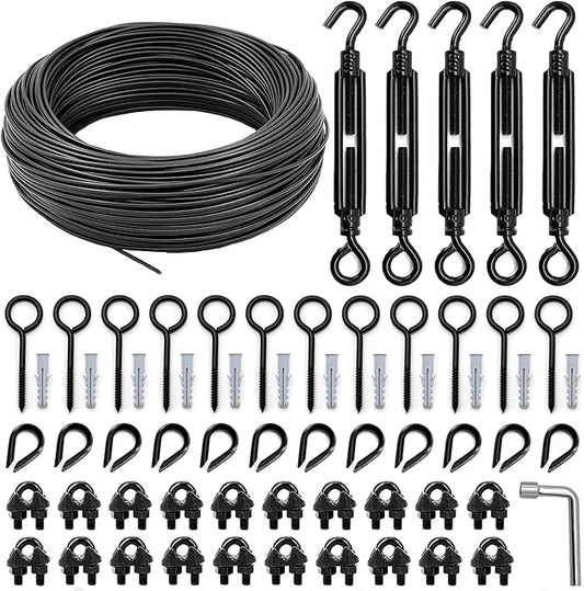 String Light Hanging Kit, All-Black Globe String Lights Suspension Kit w/ 100FT PVC Coated Steel Cable & Enough Accessories, Guide Wire for Outdoor String Lights, Patio Lights, Camping Light
