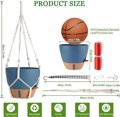 Hanging Planter Self Watering 10 Inch, 2 Pack Hanging Baskets for Plants, Hanging Flower Pots with Drainage Hole & 2 Kinds of Plant Hangers for Garden Home Decor (Navy Blue, 10 Inch)
