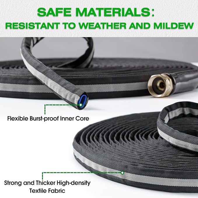 25ft Lightweight Garden Hose, Ultra Flexible Fabric Water Hose, Non-Expanding & Kink-Free with Leak-Proof Aluminum Fittings, Heavy Duty Hose for Yard, Car Wash & RV, Black-Gray