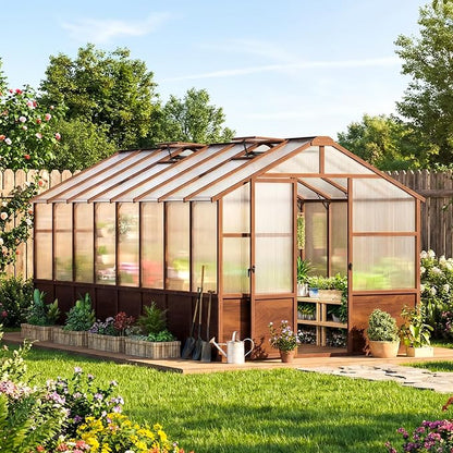 Jocoevol 8x16ft Outdoor Greenhouse, Wooden Frame Polycarbonate Greenhouse with Adjustable Roof Vents and Lockable Door Handle, Walk-in Greenhouse Perfect for Backyard and Garden