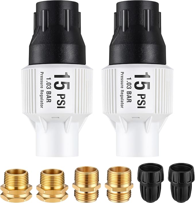 Aurelema 2 Pack Drip Irrigation Pressure Regulator Kit, Water Backflow Preventer for 3/4'' Garden/Faucet Hose Thread and 1/2'' Drip Irrigation Tubing Adapter, Complete Drip Irrigation System (15 Psi)