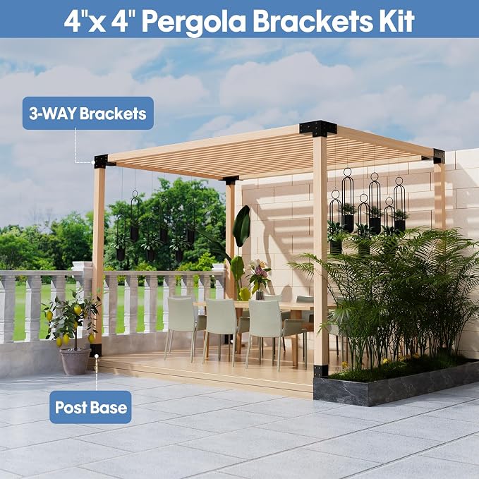 Pergola Kit, Heavy Duty 3-Way Pergola Brackets for 4"x 4" (Actual 3.5" X 3.5") Lumber,DIY Rust-Proof Gazebo Bracket Kit with Right Angle Corner Bracket, Gazebo Hardware Kits for Patio Backyard Outdoor