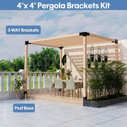 Pergola Kit, Heavy Duty 3-Way Pergola Brackets for 4"x 4" (Actual 3.5" X 3.5") Lumber,DIY Rust-Proof Gazebo Bracket Kit with Right Angle Corner Bracket, Gazebo Hardware Kits for Patio Backyard Outdoor