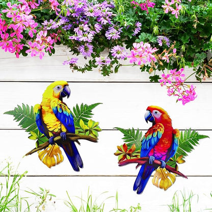 ULENDIS 2 Pack Metal Parrot Wall Decor, 11.8" Bright Color Tropical Bird Macaw Outdoor Wall Art Patio Fence Decorations, Hanging Bird Decor for Garden Yard Living Room Bedroom Balcony