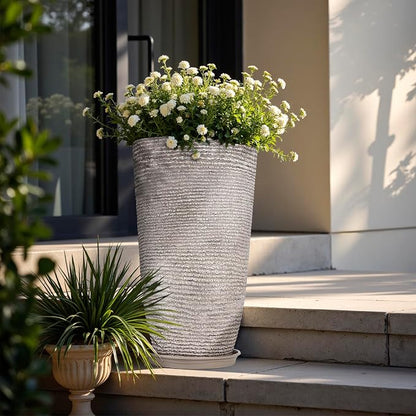 QCQHDU Set of 2 Oversized 9 Gallon Round Planters for Front Door & Patio - 12x21 Inch Tall Outdoor/Indoor Plant Pots with Drainage Tray, Gray Faux Stone Textured Tree Planters for Porch Decor