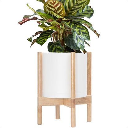 D'vine Dev Plastic Pot with Natural Wood Stand, White, 10 in, 55-C-M-1 | Mid-Century Inspired Design, Elevated Plant Display, Clean Lines, Sturdy Support, Modern Space-Saving Style