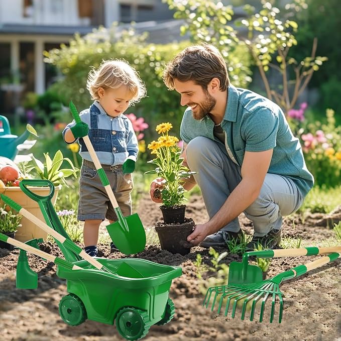 Kids Gardening Tools Set - 10Pcs Wheelbarrow Outdoor Yard Toys, Ages 3+ | Real Shovel Rake Hoe and Leaf Rake, Outdoor yard Play, Digging Weed Garden Educational Toys, Gift for Toddler Boys & Girls