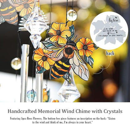YU FENG Bee Wind Chime with Crystal Suncatcher, Memorial Outdoor Decor | 27 Inch Metal Hanging Chime, Bee Design, Meaningful Gift For Mom Grandma, Garden Yard Patio Decoration