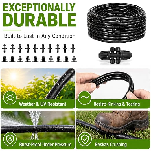 1/4" Drip Irrigation Dripline Tubing 100FT, Built-in 0.5 GPH Emitters Every 6", Drip Line with 1/4" Fittings, Saving 80% Water, No Extra Drippers Needed for Raised Bed Garden Rows Flower Beds