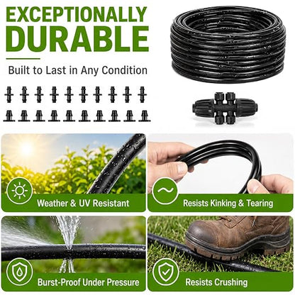 1/4" Drip Irrigation Dripline Tubing 100FT, Built-in 0.5 GPH Emitters Every 6", Drip Line with 1/4" Fittings, Saving 80% Water, No Extra Drippers Needed for Raised Bed Garden Rows Flower Beds