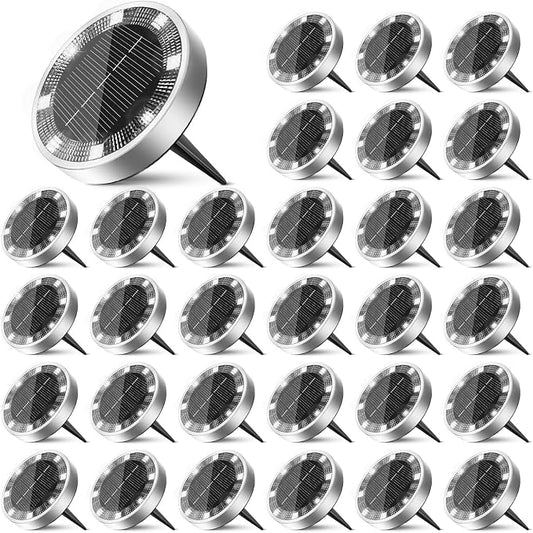 30 Pack Solar Ground Lights Outdoor, 8 LED Mini Flat Solar Disc Lights, IP65 Waterproof Pathway Lights Solar Powered, Landscape Lighting for Garden Walkway Driveway Yard Lawn,Cool White