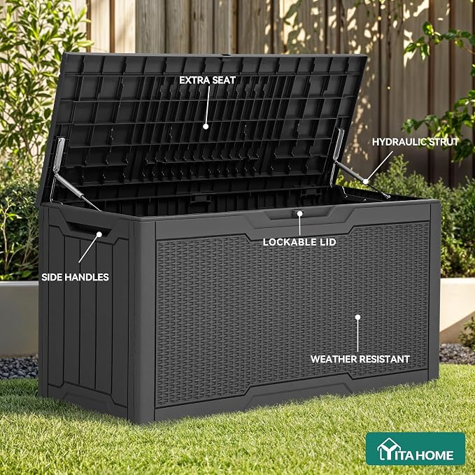 YITAHOME 80 Gallon Resin Deck Box | Weather Resistant Outdoor Rattan Storage Box, Lockable Indoor Outdoor Storage for Supplies and Essentials, Dark Gray