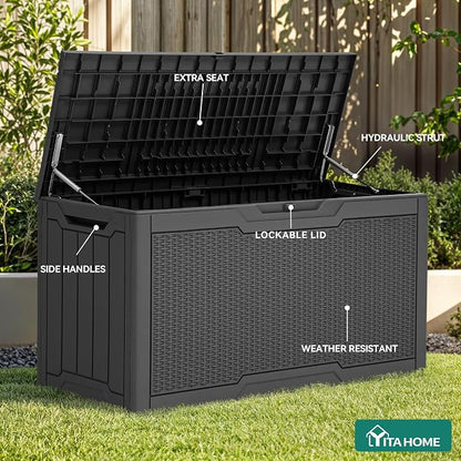 YITAHOME 80 Gallon Resin Deck Box | Weather Resistant Outdoor Rattan Storage Box, Lockable Indoor Outdoor Storage for Supplies and Essentials, Dark Gray