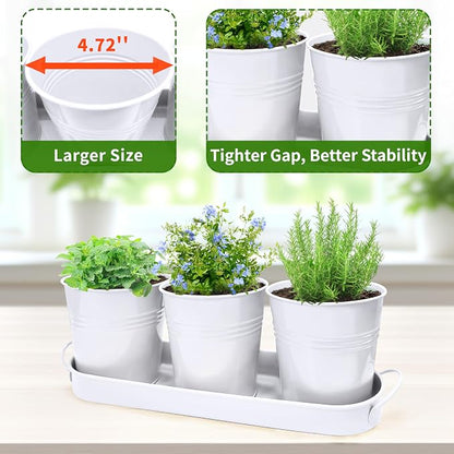 Small Pots for Plants, 3-Pack 4.7 Inch White Metal Herb Pots, Mini Windowsill Planter for Succulent, Cactus, Basil, Mint, Rosemary