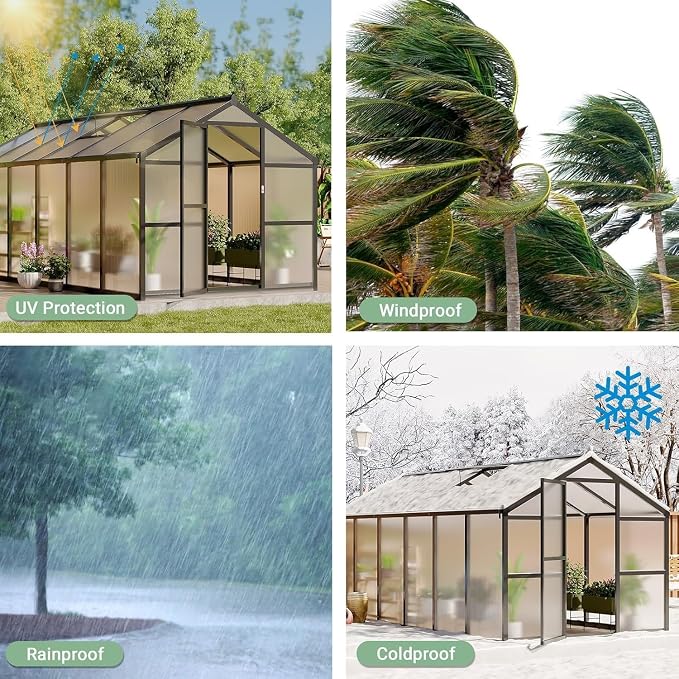Greenhouse, 8x12 Ft Outdoor Greenhouses, Accessible Green House with Roof Vents and Sliding Doors, Aluminum Frame Polycarbonate Greenhouses, Large Greenhouse for Outdoor Gardens and Backyards, Silver