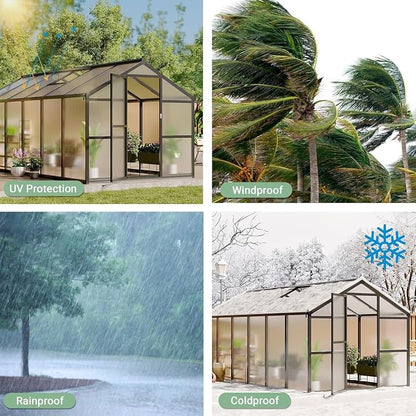 Greenhouse, 8x12 Ft Outdoor Greenhouses, Accessible Green House with Roof Vents and Sliding Doors, Aluminum Frame Polycarbonate Greenhouses, Large Greenhouse for Outdoor Gardens and Backyards, Silver