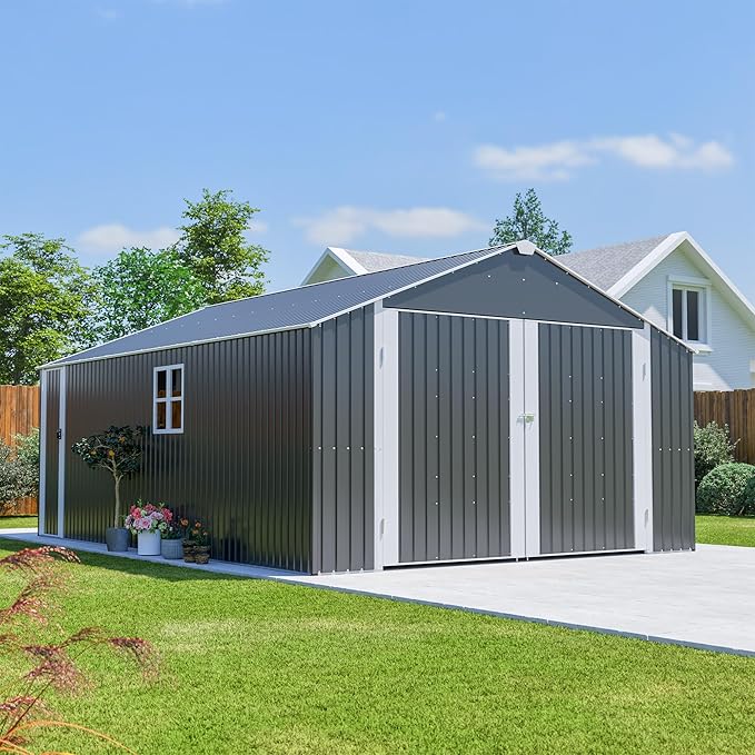 KEIKI 12x20 FT Outdoor Metal Storage Shed Garage with Double Doors, Large Capacity Steel Utility Shed for Vehicle Equipment and Garden Tool Storage, Weather Resistant Backyard Shed