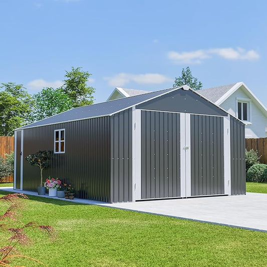 KEIKI 12x20 FT Outdoor Metal Storage Shed Garage with Double Doors, Large Capacity Steel Utility Shed for Vehicle Equipment and Garden Tool Storage, Weather Resistant Backyard Shed