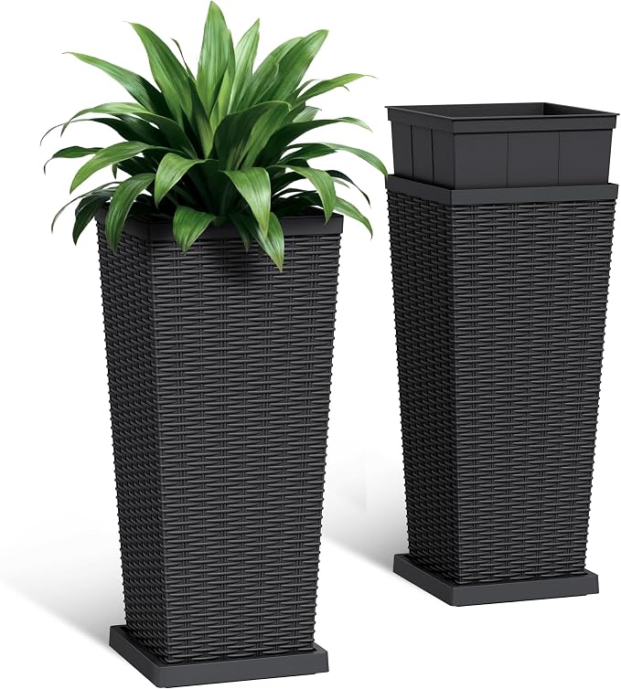 Set of 2 30 Inch Tall Plastic Planters with Drainage Saucers, Rattan Pattern UV Resistant Indoor Outdoor Flower Pots for Patio Garden Balcony Decor, Black