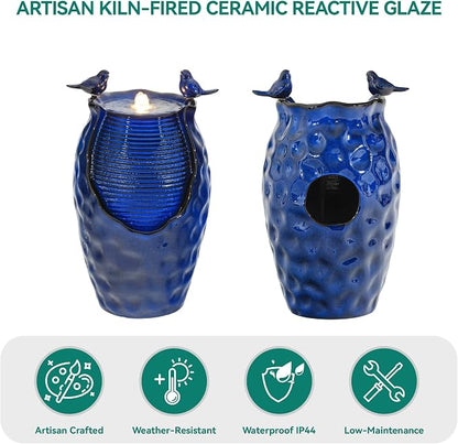 23.5" H Ceramic Jar Outdoor Fountain, Honeycomb Pot Water Feature with LED Lights, Soothing Trickling Waterfall for Garden, Patio, Yard, Balcony or Porch Oasis, Cobalt Blue Glaze, KD Vivid Birds