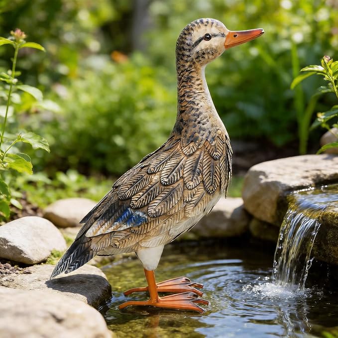 Shorayn Garden Statue Metal Duck Life-Size Mallard Indoor Outdoor Decor Handmade Iron