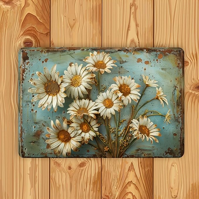Rustic Daisy Bouquet Metal Tin Sign - Vintage Wall Art Decor - 12x8 inches - Iron Material - Ideal for Living Room, Bedroom, Kitchen, Garden Decoration