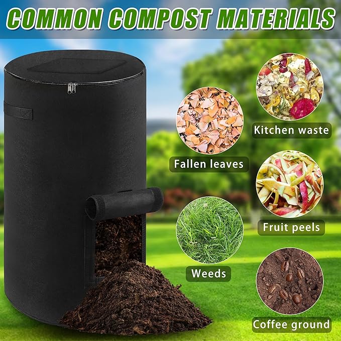 Compost Bin Outdoor with Handles Observation Windows, 34 Gallon | Black Reusable foldable compost bucket compost bag for home garden yard waste, thickened breathable felt material