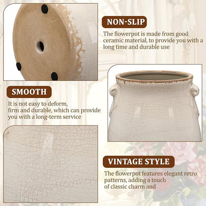 Ceramic Scroll Planter 6.5 Inch Chinoiserie Floral Vase with Drainage Holes Vintage Flower Vase Flower Pot Rustic Ceramic Pots for Indoor Plants Garden Home Bookshelf Decor (Pure White)