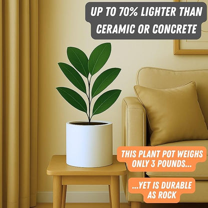 Fox & Fern Large Indoor Planter, Modern Large Plant Pot for Indoor or Outdoor, UV and Frost Resistant - 8 Inch, Matte White Flower Pot with Drainage Plug, Lightweight