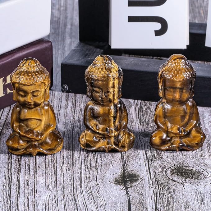 Pocket Stone Baby Buddha Crystal Statue for Home Decoration, Natural Crystal Zen Garden Spiritual Feng Shui Figurine for Religious Decor, Tiger's Eye Stone