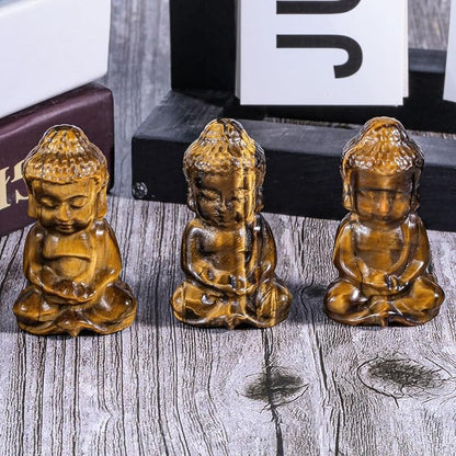 Pocket Stone Baby Buddha Crystal Statue for Home Decoration, Natural Crystal Zen Garden Spiritual Feng Shui Figurine for Religious Decor, Tiger's Eye Stone