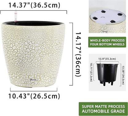 Dexceder 15x14 Self Watering Planter with Wheels (White Gold Crackle) | Inner Pot Design, Thickened Large Floor Standing Flower Plant Pot with Water Level Indicator Indoor Outdoor