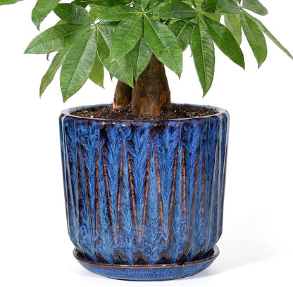 10 Inch Ceramic Planter Pot with Saucer Drainage Leak-Proof Mesh,Flower Pots for Indoor Plants with Gardening Gloves,Ceramic Planter(Peacock-Blue)