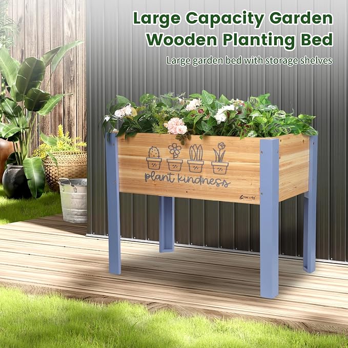 Raised Garden Bed for Kids - 30”L*16”W*24”H Elevated Wooden Planter Box Stand, Backyard, Patio, Balcony w/Bed Liner, 170lb Capacity (Blue)