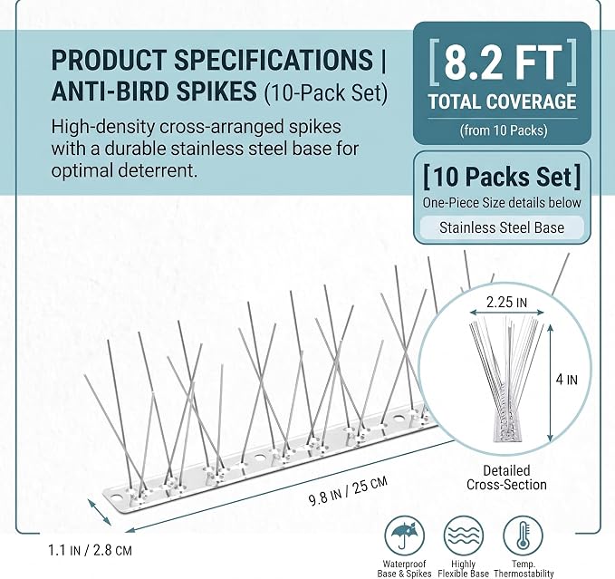 Stainless Steel Bird Spikes, Cover8.2 ft (10 Strips Uninstalled) | 304 Stainless, Metal Bird Spikes Fence Spikes, Pigeon & Small Bird Deterrent for Outdoor Bird Control