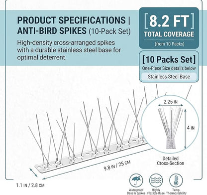 Stainless Steel Bird Spikes, Cover8.2 ft (10 Strips Uninstalled) | 304 Stainless, Metal Bird Spikes Fence Spikes, Pigeon & Small Bird Deterrent for Outdoor Bird Control